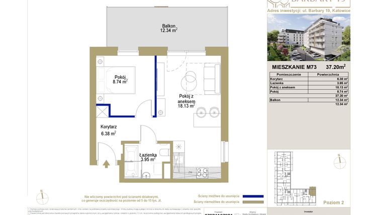 Rzut - Mieszkanie na sprzedaż 2 pokoje o powierzchni 37,2 m² - numer 73 w Barbary 19