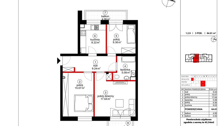 Rzut - Mieszkanie na sprzedaż 3 pokoje o powierzchni 63,54 m² - numer 9 w Czynu Społecznego 65F