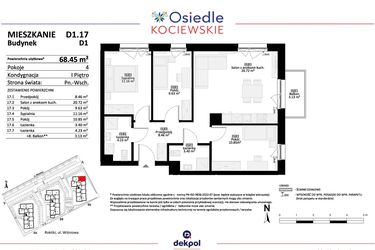 Rzut - Mieszkanie na sprzedaż 4 pokoje o powierzchni 68,45 m² - numer D1.17 w Osiedle Kociewskie etap IV