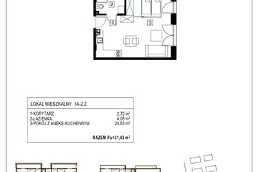 Rzut - Mieszkanie na sprzedaż 1 pokój o powierzchni 31,43 m² - numer 1A-2.2 w Gardenia Pogodno