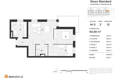 Rzut - Mieszkanie na sprzedaż 3 pokoje o powierzchni 60,49 m² - numer M3.12 w Nowy Standard