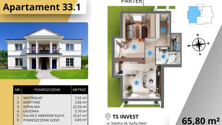 Rzut - Mieszkanie na sprzedaż 2 pokoje o powierzchni 65,37 m² - numer 33.1. w Ogrody Tesoro VI