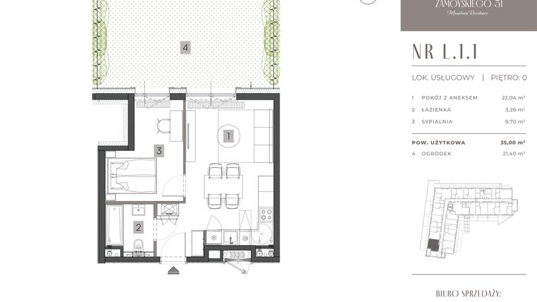 Rzut - Mieszkanie na sprzedaż 2 pokoje o powierzchni 35 m² - numer L.1.1 w Zamoyskiego 31