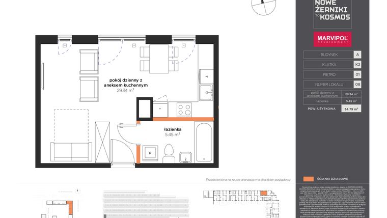 Rzut - Mieszkanie na sprzedaż 1 pokój o powierzchni 34,79 m² - numer A-01-08-K2 w Nowe Żerniki to KOSMOS
