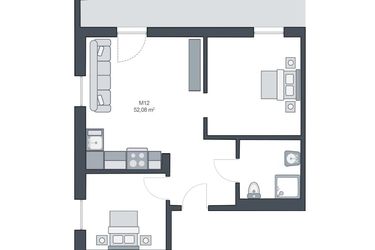 Rzut - Mieszkanie na sprzedaż 3 pokoje o powierzchni 52,08 m² - numer M12 w TARASY GĄSKI