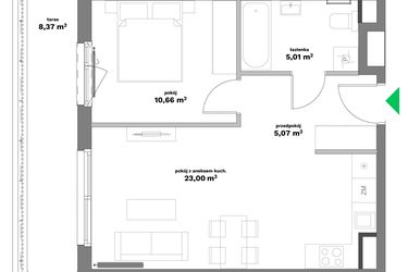 Rzut - Mieszkanie na sprzedaż 2 pokoje o powierzchni 43,74 m² - numer B2-35 w Forma Otwarta etap II