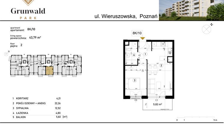 Rzut - Mieszkanie na sprzedaż 2 pokoje o powierzchni 43,79 m² - numer 8 K/10 w Grunwald Park