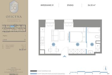 Rzut - Mieszkanie na sprzedaż 1 pokój o powierzchni 26,33 m² - numer 51 w Oficyna