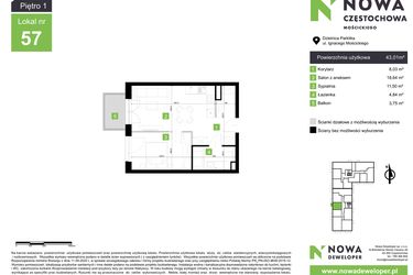 Rzut - Mieszkanie na sprzedaż 2 pokoje o powierzchni 43,01 m² - numer M57 w Nowa Częstochowa Mościckiego