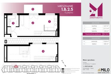 Rzut - Mieszkanie na sprzedaż 2 pokoje o powierzchni 47,18 m² - numer 1.B.2.5 w Maślice Wrocław Milo Dobry Deweloper etap IV