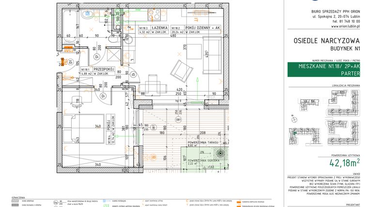 Rzut - Mieszkanie na sprzedaż 2 pokoje o powierzchni 42,18 m² - numer N1.18 w Osiedle Narcyzowe etap 2
