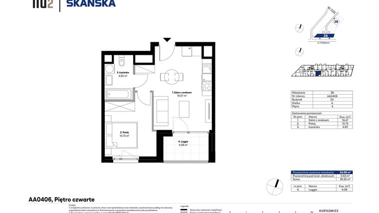 Rzut - Mieszkanie na sprzedaż 2 pokoje o powierzchni 34,69 m² - numer AA0406 w NU2 Warszawa Wola - apartamenty wykończone pod klucz
