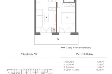 Rzut - Mieszkanie na sprzedaż 2 pokoje o powierzchni 39,96 m² - numer A17 w Dąbrowskiego 9