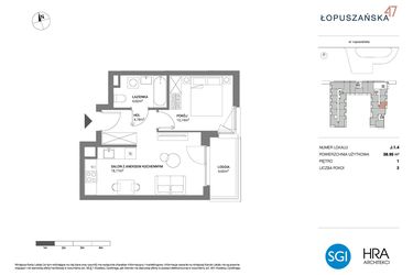 Rzut - Mieszkanie na sprzedaż 2 pokoje o powierzchni 38,95 m² - numer J.1.4 w Łopuszańska 47 - etap 3