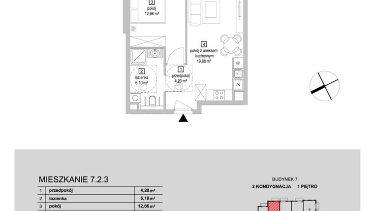 Rzut - Mieszkanie na sprzedaż 2 pokoje o powierzchni 42,84 m² - numer 7.2.3 w Osiedle Przyjemne IV