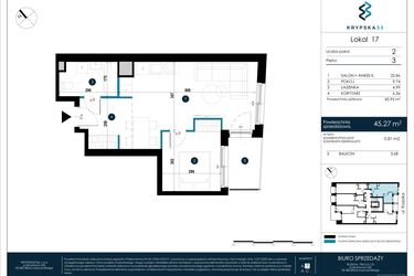Rzut - Mieszkanie na sprzedaż 2 pokoje o powierzchni 44,67 m² - numer M17 w Krypska 33
