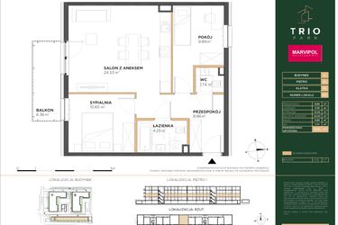 Rzut - Mieszkanie na sprzedaż 3 pokoje o powierzchni 59,92 m² - numer C017 w Trio Park bud. C