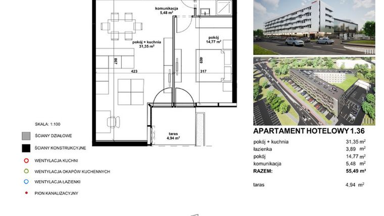 Rzut - Mieszkanie na sprzedaż 2 pokoje o powierzchni 54,17 m² - numer 136 w Apartamentowiec Zwycięska 3 - inwestycyjne