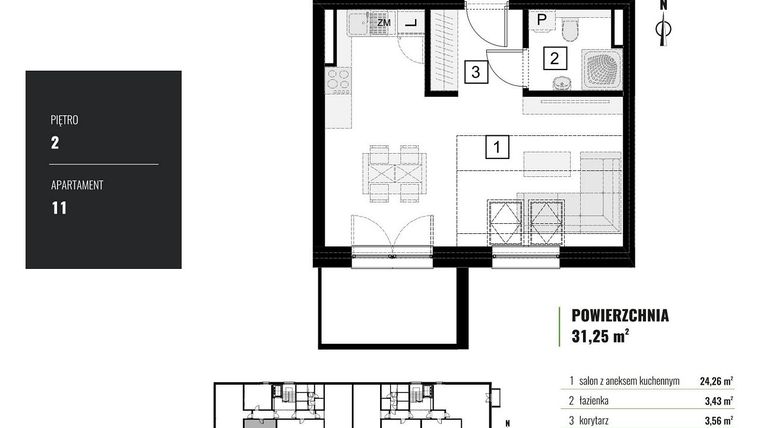 Rzut - Mieszkanie na sprzedaż 1 pokój o powierzchni 31,25 m² - numer M.11 w Zielony Horyzont II
