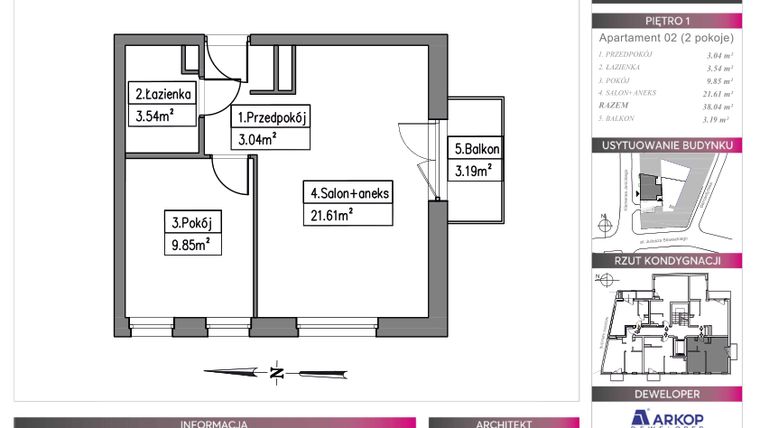Rzut - Mieszkanie na sprzedaż 2 pokoje o powierzchni 38,04 m² - numer 2 w Centro Domini