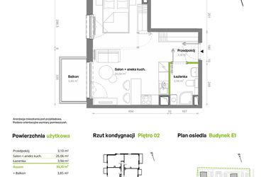 Rzut - Mieszkanie na sprzedaż 1 pokój o powierzchni 33,1 m² - numer E1.02.20 w Południe Vita