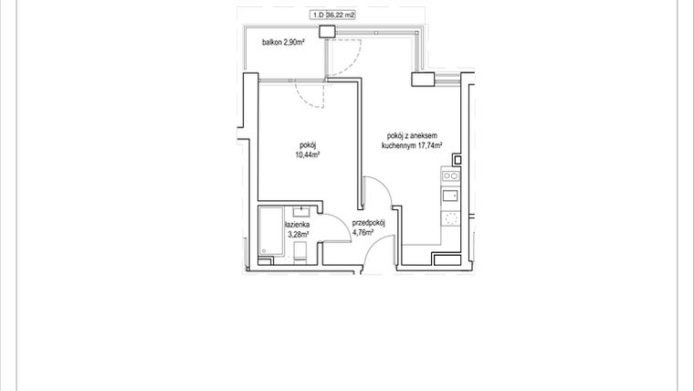 Rzut - Mieszkanie na sprzedaż 2 pokoje o powierzchni 36,22 m² - numer 4/4. w Apartamenty Nowy Targ