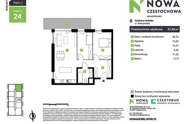 Rzut - Mieszkanie na sprzedaż 3 pokoje o powierzchni 67,99 m² - numer D24 w Nowa Częstochowa Małopolska etap II