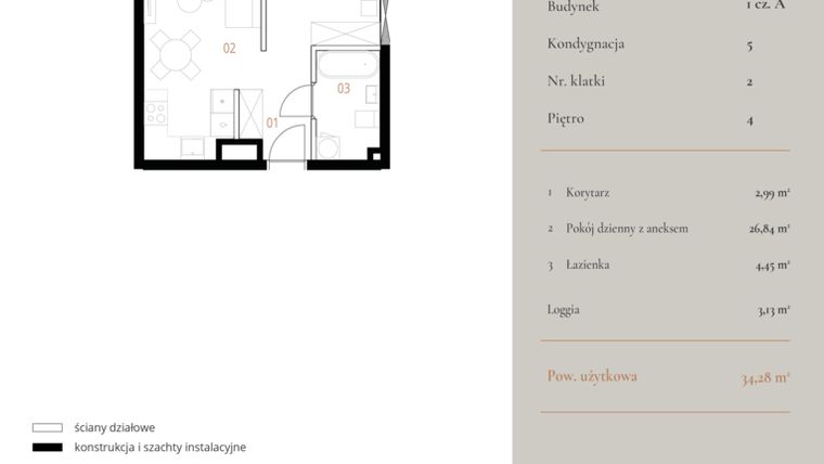 Rzut - Mieszkanie na sprzedaż 1 pokój o powierzchni 34,28 m² - numer M072 w MURANO