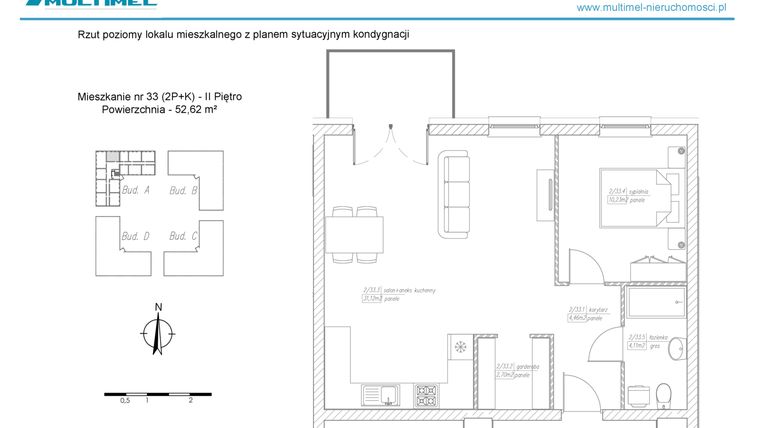 Rzut - Mieszkanie na sprzedaż 2 pokoje o powierzchni 52,62 m² - numer 33A w Dominów Rynek