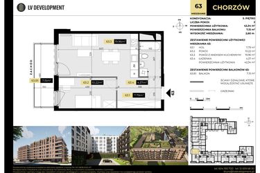 Rzut - Mieszkanie na sprzedaż 2 pokoje o powierzchni 42,34 m² - numer M/63 w Tarasy Śląskie