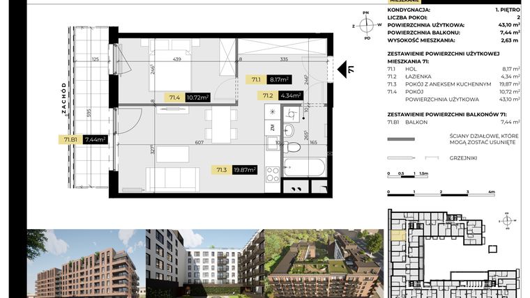 Rzut - Mieszkanie na sprzedaż 2 pokoje o powierzchni 43,1 m² - numer M/71 w Tarasy Śląskie