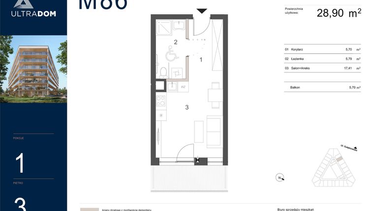 Rzut - Mieszkanie na sprzedaż 1 pokój o powierzchni 28,9 m² - numer M086 w Ultradom