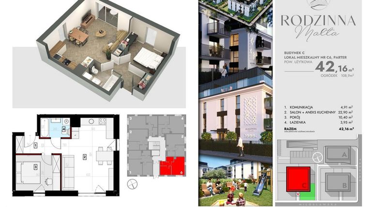 Rzut - Mieszkanie na sprzedaż 2 pokoje o powierzchni 42,17 m² - numer C6 w Rodzinna Malta