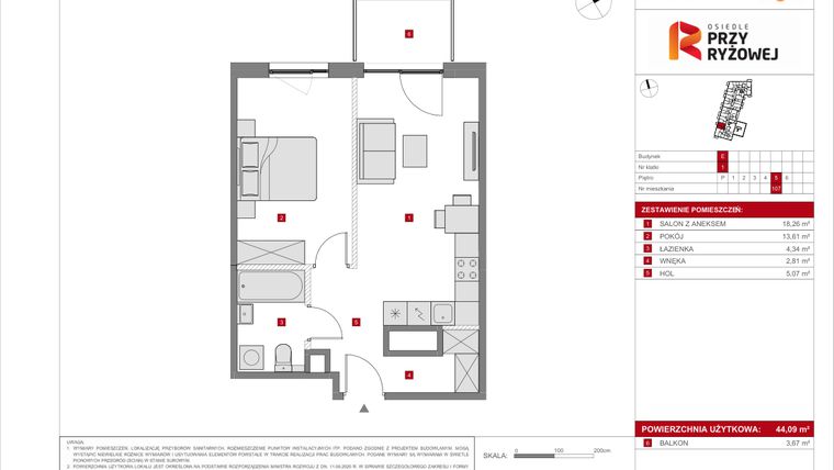 Rzut - Mieszkanie na sprzedaż 2 pokoje o powierzchni 44,09 m² - numer E.107 w Osiedle Przy Ryżowej etap II