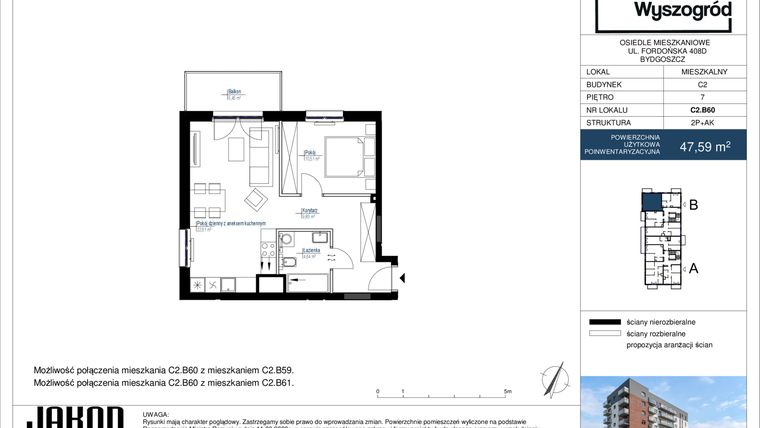 Rzut - Mieszkanie na sprzedaż 2 pokoje o powierzchni 47,59 m² - numer C2.B60 w Nowy Wyszogród etap II