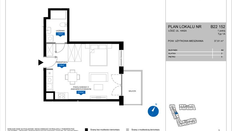 Rzut - Mieszkanie na sprzedaż 1 pokój o powierzchni 37,61 m² - numer B22 152 w Flow - bud. B2 A i bud. B2 B