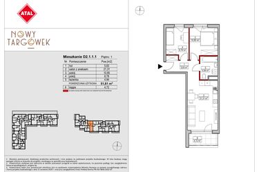 Rzut - Mieszkanie na sprzedaż 3 pokoje o powierzchni 51,81 m² - numer D2.1.1.1 w Nowy Targówek VI