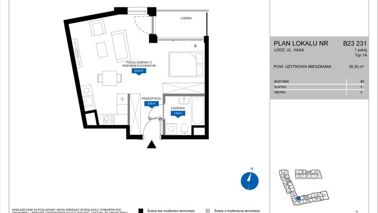 Rzut - Mieszkanie na sprzedaż 1 pokój o powierzchni 38,5 m² - numer B23 231 w Flow - bud. B2 A i bud. B2 B