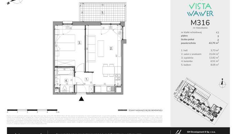 Rzut - Mieszkanie na sprzedaż 2 pokoje o powierzchni 42,7 m² - numer M316 w Vista Wawer