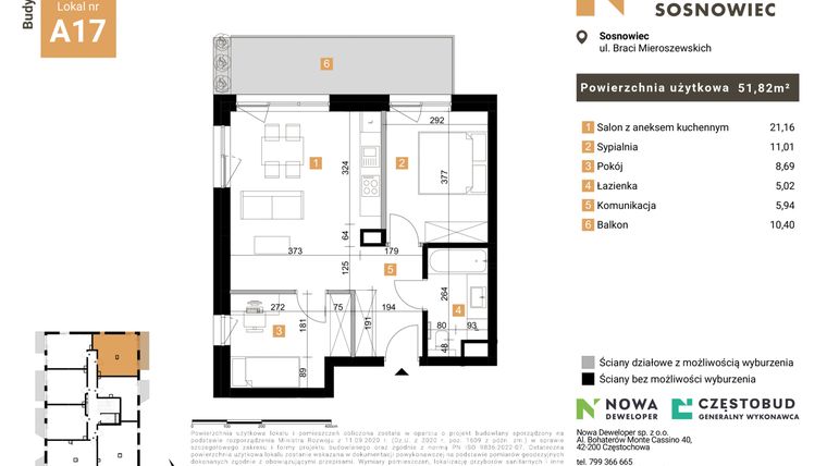 Rzut - Mieszkanie na sprzedaż 3 pokoje o powierzchni 51,82 m² - numer 17 w Nowy Sosnowiec