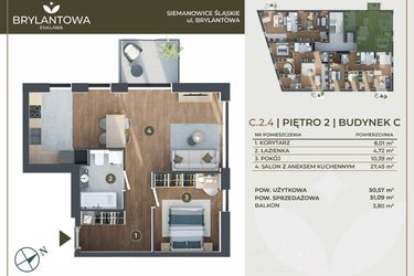 Rzut - Mieszkanie na sprzedaż 2 pokoje o powierzchni 50,57 m² - numer C.2.4 w Brylantowa Enklawa bud. C