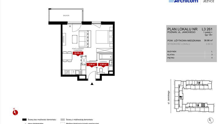 Rzut - Mieszkanie na sprzedaż 1 pokój o powierzchni 38,86 m² - numer L3.261 w Wieża Jeżyce etap VI