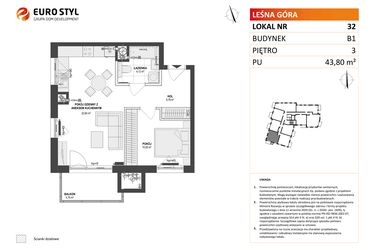 Rzut - Mieszkanie na sprzedaż 2 pokoje o powierzchni 43,8 m² - numer 32 w Leśna Góra
