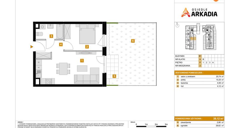 Rzut - Mieszkanie na sprzedaż 2 pokoje o powierzchni 39,12 m² - numer B1.2 w Osiedle Arkadia etap 2