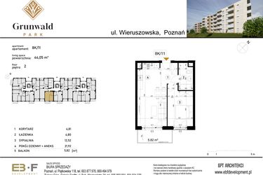 Rzut - Mieszkanie na sprzedaż 2 pokoje o powierzchni 44,05 m² - numer 8 K/11 w Grunwald Park