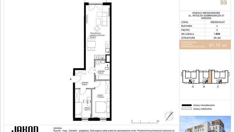 Rzut - Mieszkanie na sprzedaż 3 pokoje o powierzchni 61,1 m² - numer 1.B25 w Gombrowicza 33
