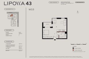 Rzut - Mieszkanie na sprzedaż 1 pokój o powierzchni 41,18 m² - numer M.3.3 w Lipowa 43