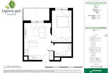 Rzut - Mieszkanie na sprzedaż 2 pokoje o powierzchni 34,03 m² - numer 32A w Lipowa 49A