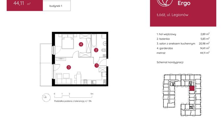 Rzut - Mieszkanie na sprzedaż 1 pokój o powierzchni 44,11 m² - numer 1.B.1.11 w Murapol Ergo
