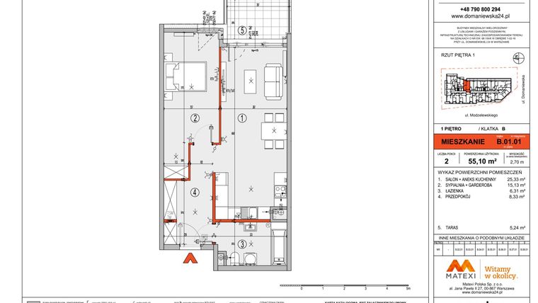 Rzut - Mieszkanie na sprzedaż 2 pokoje o powierzchni 55,07 m² - numer B.01.01 w Domaniewska 24